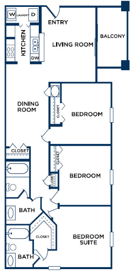 Floor plan for 3 beds, 2 baths, 1304 sqft